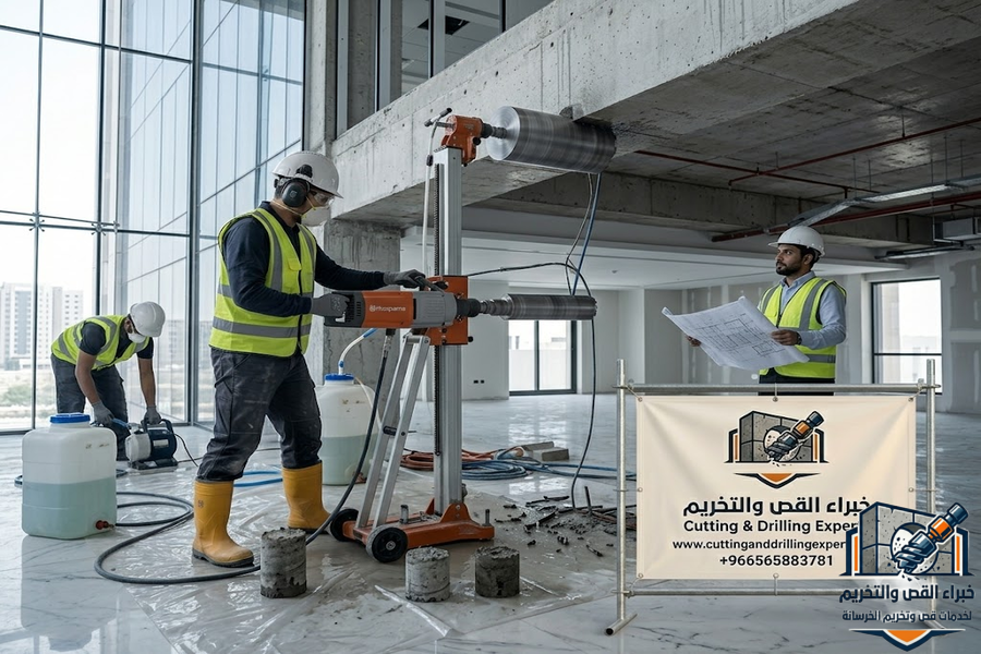 تخريم خرسانة في حي الزهراء جدة باستخدام أجهزة الكور دايموند لفتح فتحات المكيفات والسباكة والكهرباء والتهوية بدقة عالية وبدون تكسير